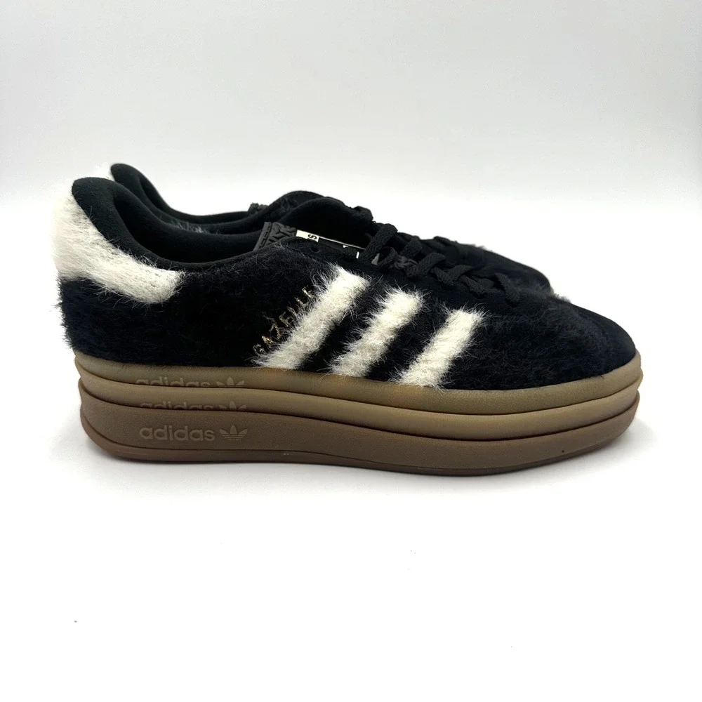 Adidas Gazelle Bold Furry Core Black/Cream White/Gold JS3907 Women's Size 6.5